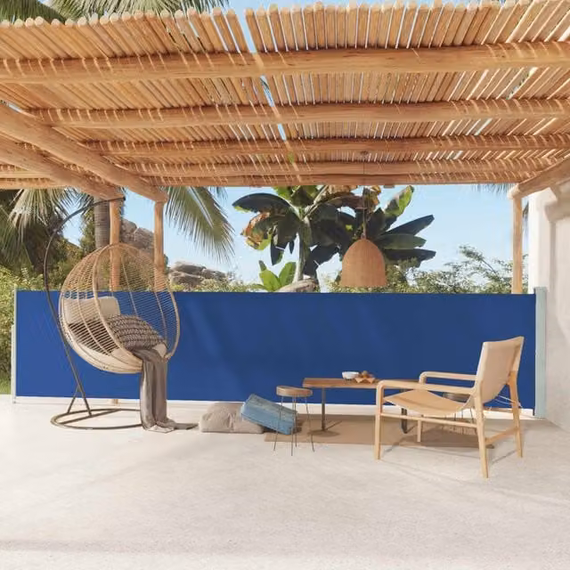 Berkfield Home Blue Retractable Side Awning with Steel Frame and Polyester Fabric, W: 117 cm, L: 600 cm