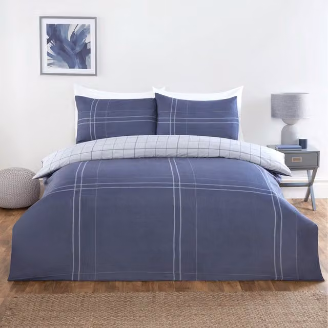 Rapport Home Hudson Microfibre Polyester Checked Complete Duvet Set with Pillowcase and Fitted Sheet, Multicolour Blue, W: 180 cm, L: 200 cm