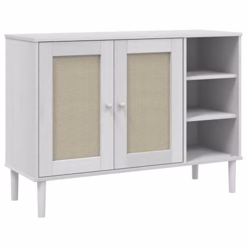 vidaXL SENJA Sideboard in White Lacquered Solid Pine Wood with Rattan Look, W/D/H: 112 x 40 x 80 cm