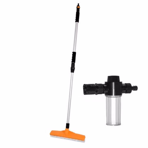 Lazy Tools Artificial Grass Rake with Hose Attachment and Cleaning Fluid Dispenser, Orange and Black, Sweep Width: 45 cm, Handle Height: 8-140 cm