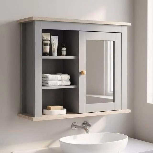 STILVORA Grey Wall Mounted Bathroom Mirror Cabinet with Internal Shelves and Hinged Doors