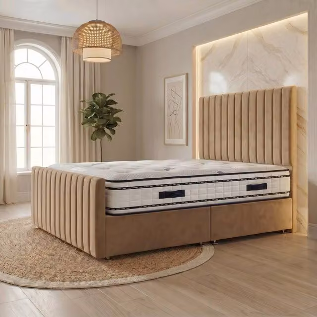 Somnior Eleanor Velvet Divan Bed in Beige with Super King Mattress and Headboard and Footboard