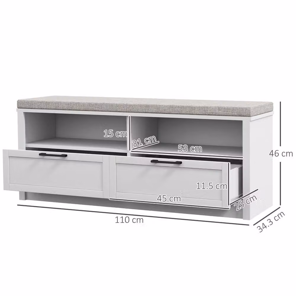 STILVORA Modern White Shoe Bench with Padded Fabric Seat and 2 Drawers – 3