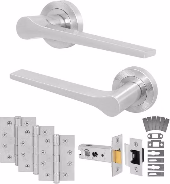 AFIT Satin Nickel Fire Door Handle Latch Set with Hinges in Silver, W/D/H: 15 x 15 cm
