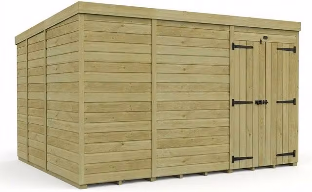 Buttercup Farm Pent Garden Shed with Double Doors in Brown Timber, W: 335.3 cm, D: 274.3 cm, H: 210 cm