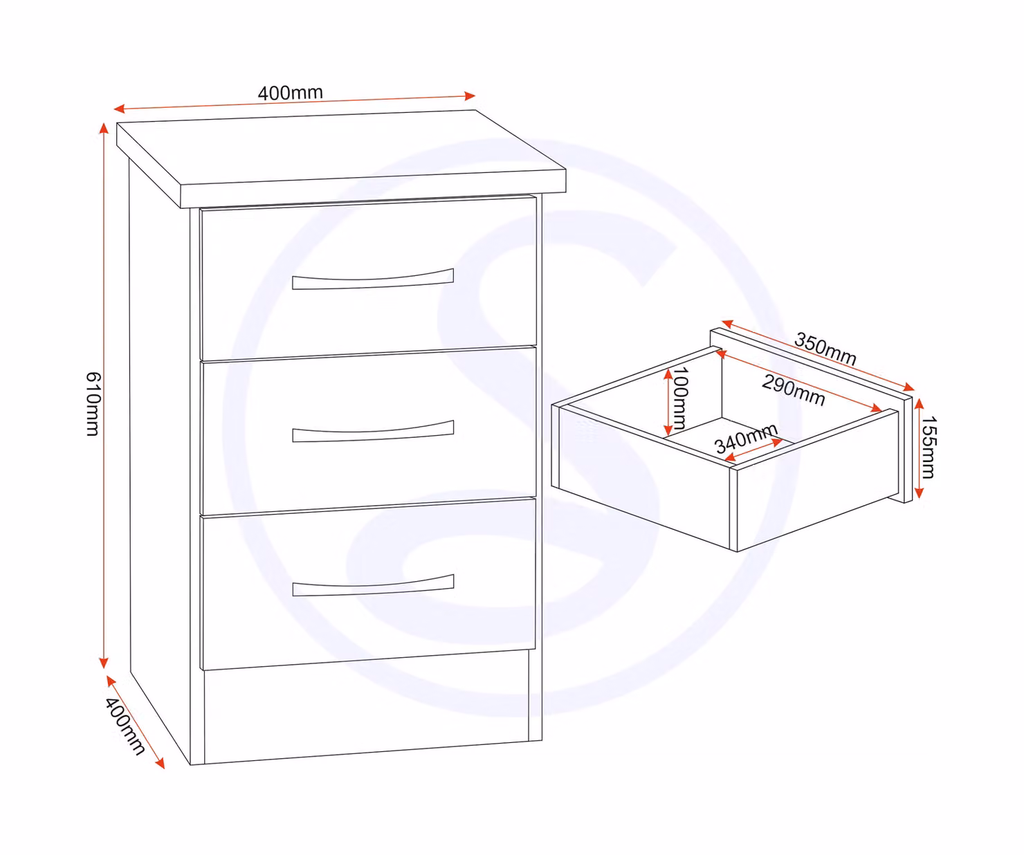 Seconique Nevada 3 Drawer Bedside Table in Oyster Gloss and Oak, W/D/H: 40 x 40 x 61 cm – 2