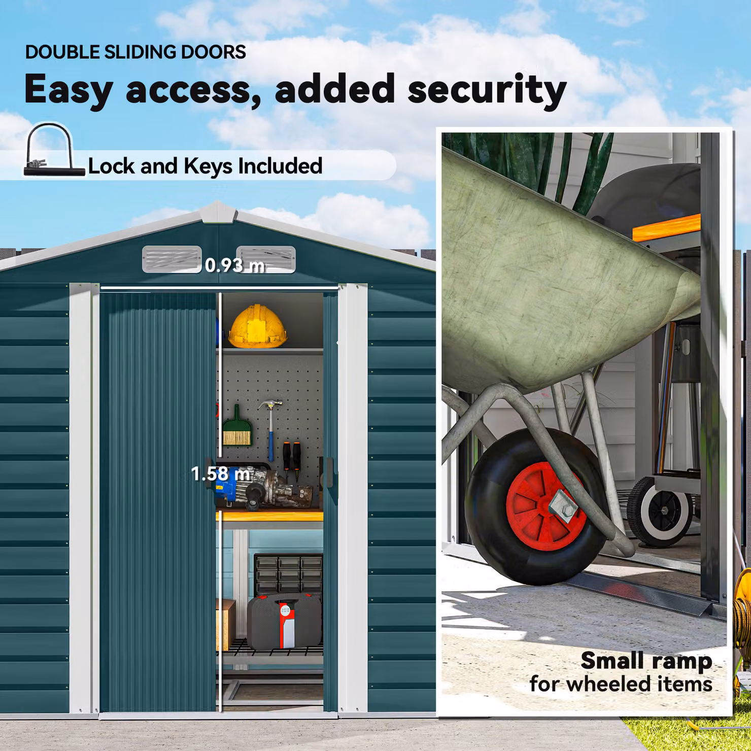 Outsunny Green Metal Garden Storage Shed with Galvanised Steel Frame, Double Doors and Foundation Kit, H 194.0 x W 213.36 x D 120.0 cm – 4