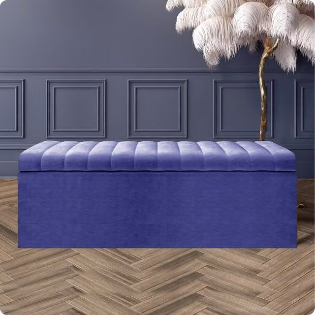 R&M Furnishers Safar Naples Ottoman Storage Box, Blue and Grey Striped Velvet Upholstered Blanket Chest and End of Bed Bench