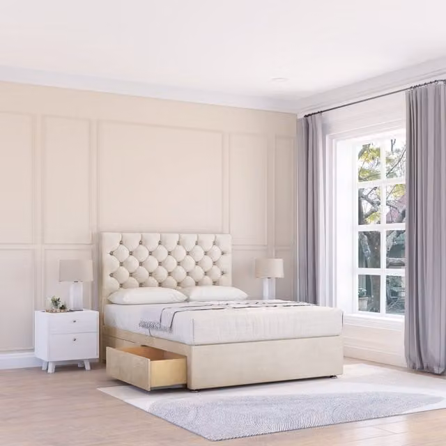 Sloomy Mayfair Chesterfield Divan Bed Base with 2 Drawers and Upholstered Headboard in Beige, W/D/H: 140 x 200 cm