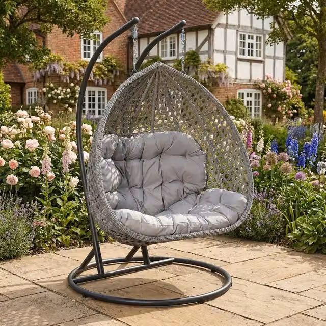 Rosewood & Stone Home Bodiam 2 Seater Double Egg Chair in Grey with Light Grey Cushions