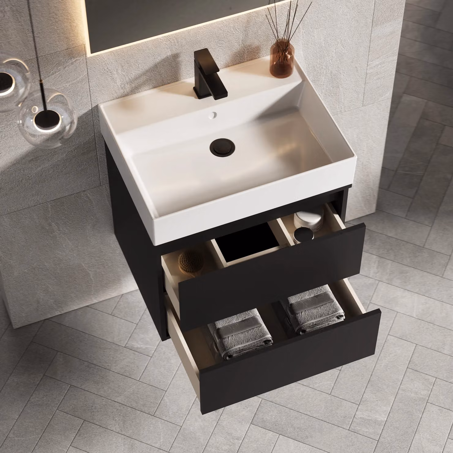 Banyetti Venti 600mm Wall Hung Vanity Unit with Veneto 1 Tap Hole Basin, Matt Black (W: 60 cm, D: 45 cm, H: 48 cm) – 3