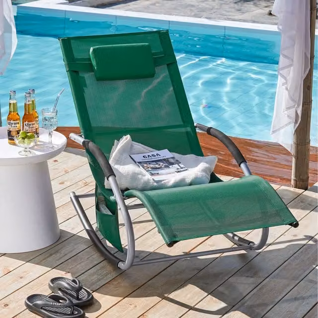 SoBuy Outdoor Garden Rocking Sun Lounger Recliner with Adjustable Headrest and Armrests in Dark Green