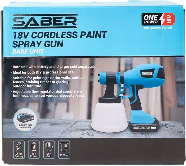 Saber 18V Battery Powered Electric Handheld Paint Spray Gun Bare Unit, Blue