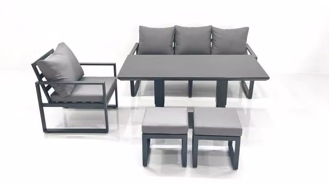 Fimous Outdoor Aluminium Garden Furniture Set in Anthracite Grey with Adjustable Rising Dining Table, 3 Seater Sofa, Chairs and 2 Footstools