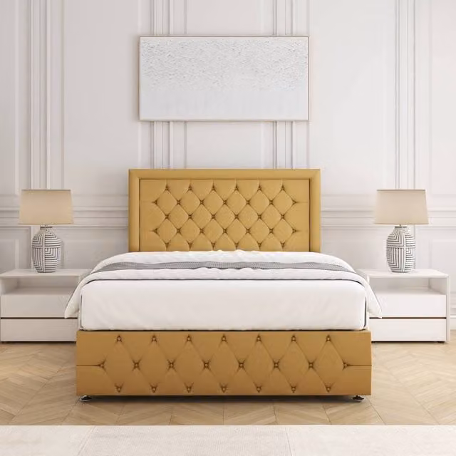 BSSPOKE Lena Divan Bed with 24 inch Headboard and Mattress in Yellow Plush Velvet, King Size, W/D/H: 180 x 200 cm