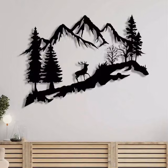 YOUR HOME RULEZ Large Black Mountain and Deer Metal Wall Art, 75 cm – 1