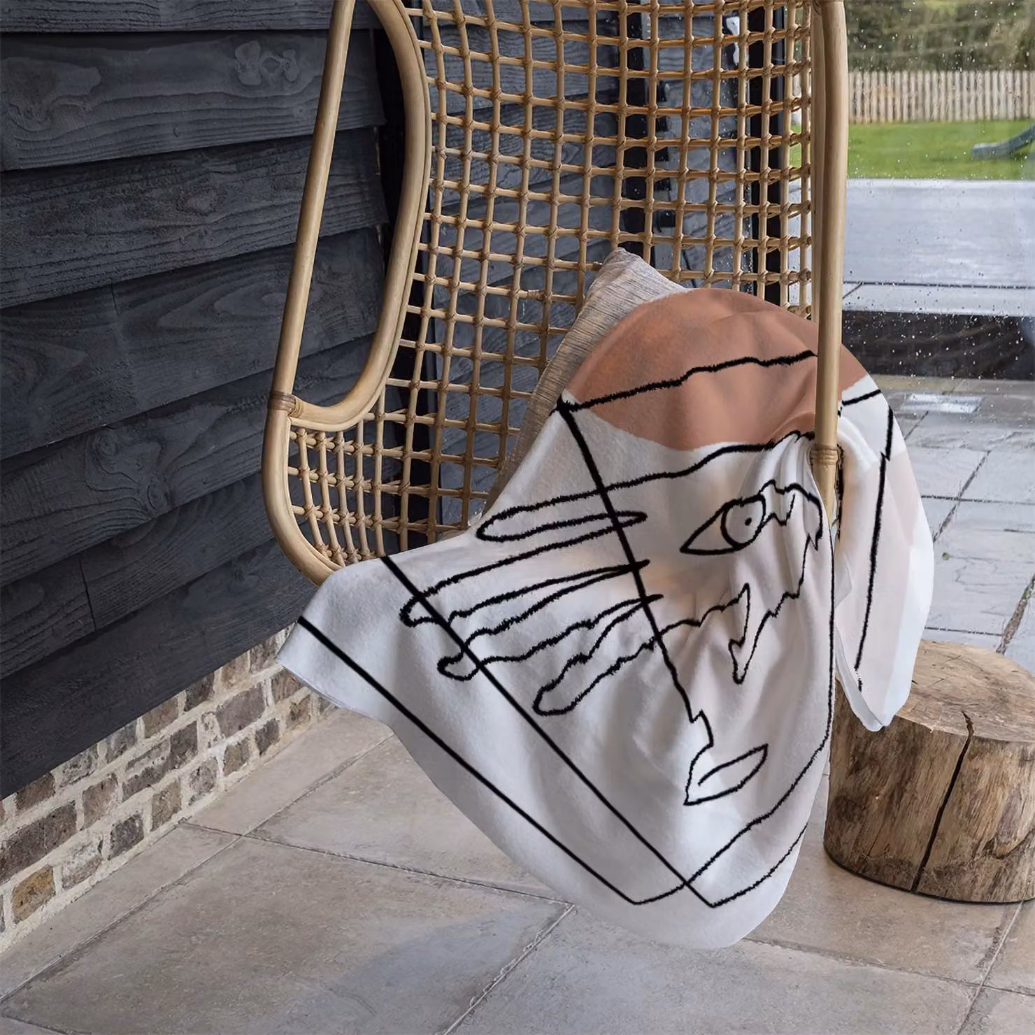 Benjamin Tate Design Line Drawing of Face and Hand Fleece Blanket in Natural, W/D/H: 120 x 150 cm – 3