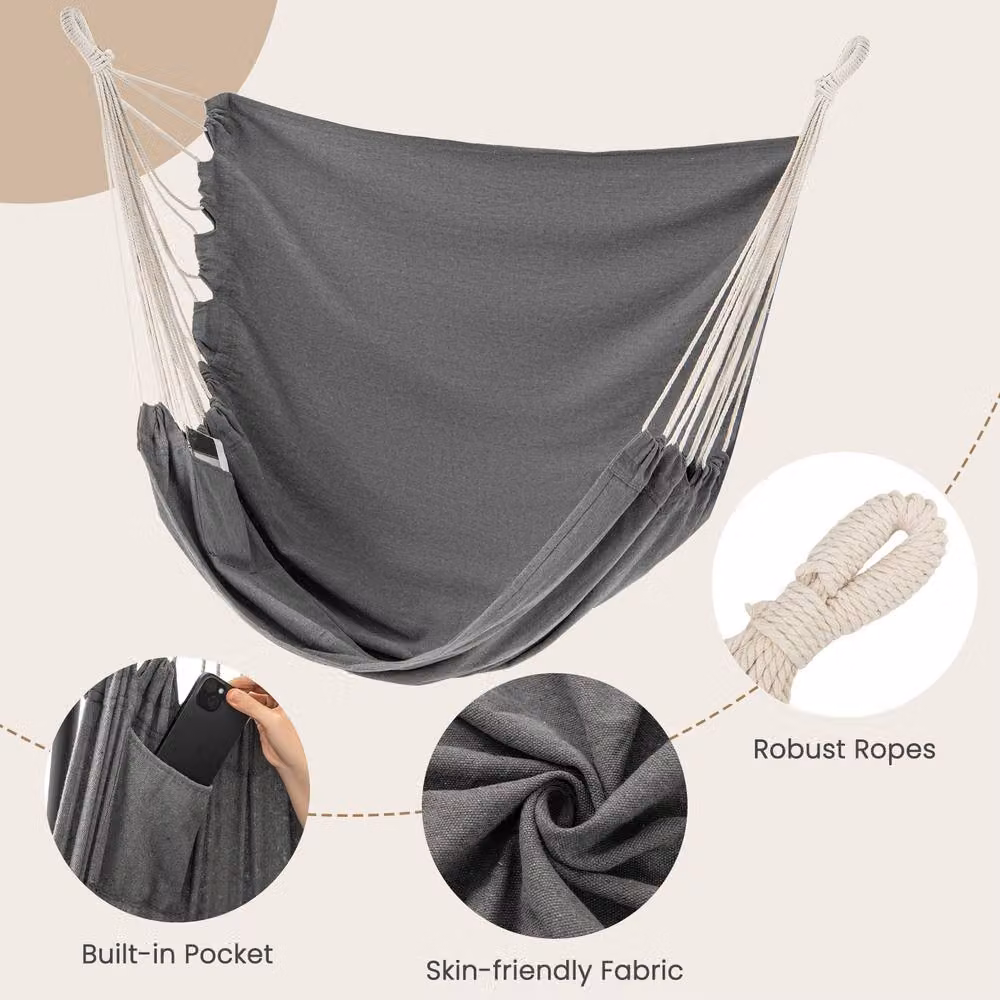 Gymax Hammock Swing Chair with Metal Stand and Side Pocket in Grey – 4