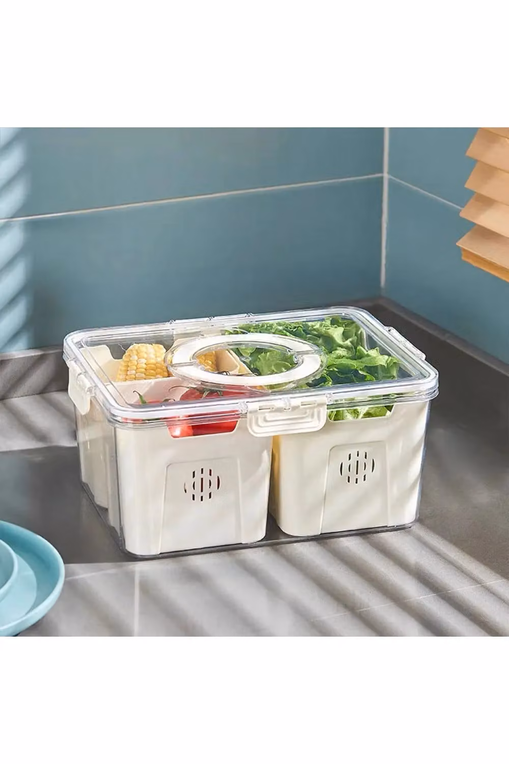 H&O Direct Yellow Plastic Fridge Storage Container with Three Compartments and Snap Lid – 2