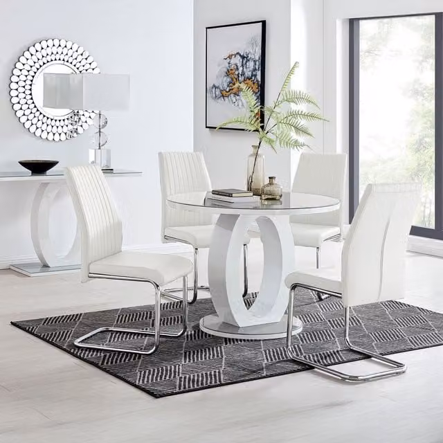 FurnitureboxUK Giovani Round Dining Table and 4 Lorenzo Chairs Set, White High Gloss Table with Grey Glass Top, Diameter: 100 cm – 1