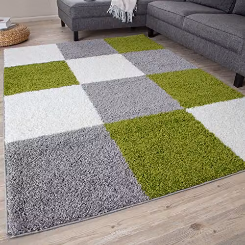 THE RUGS Modern Geometric Shaggy Area Rug in Green and Grey, W/D/H: 80 x 300 cm – 1