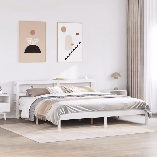 Berkfield Home White Solid Pine Bed Frame with Side Compartments, W/D/H: 200 x 200 cm