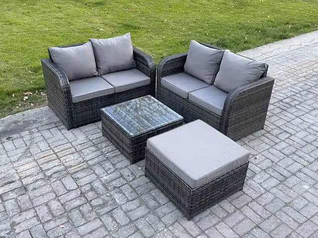 Fimous Rattan Outdoor Garden Furniture Set in Dark Grey with 2 Seater Sofa, Coffee Table and Ottoman