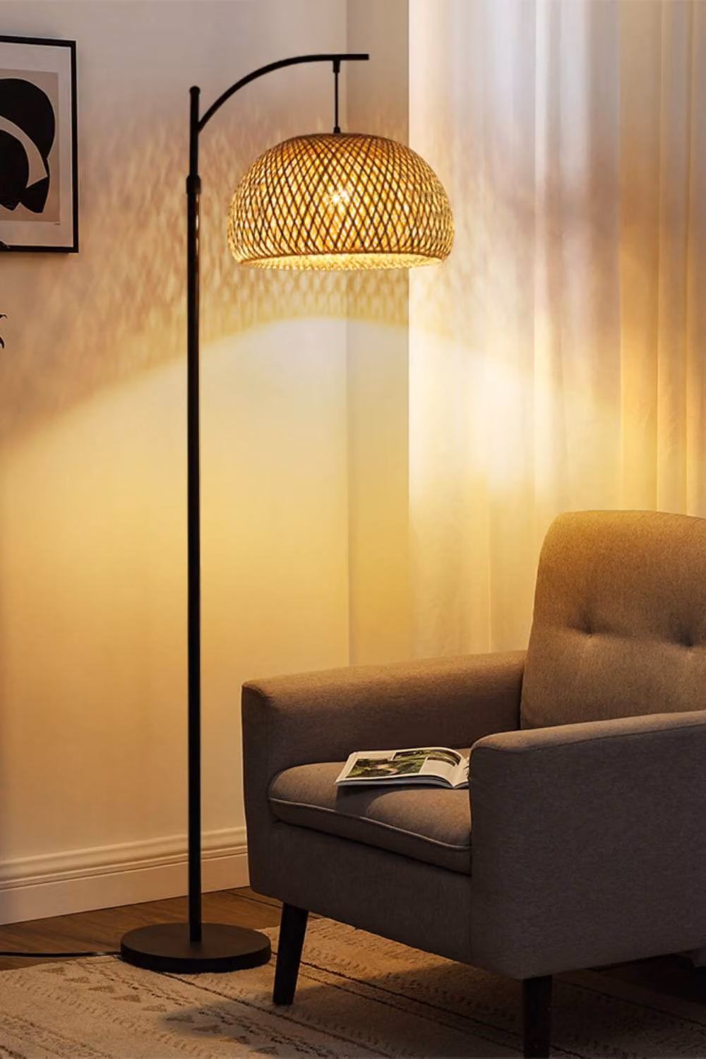 Living and Home Classic Handwoven Rattan and Bamboo Dome Floor Lamp in Beige – 2