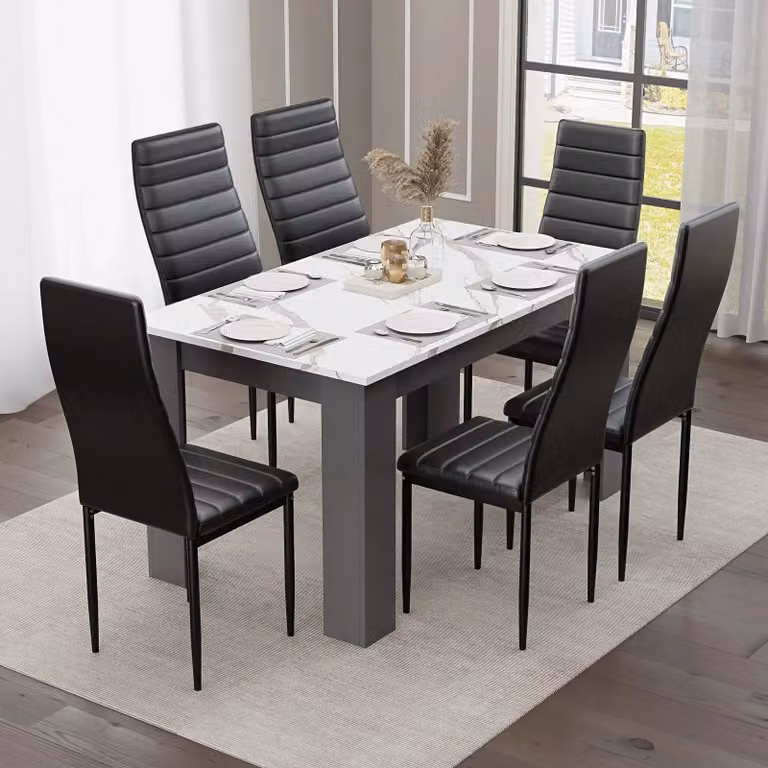 DHS Modern 6 Seater Dining Table and Chairs Set with White Marble Effect Rectangular Table and Black Upholstered Chairs