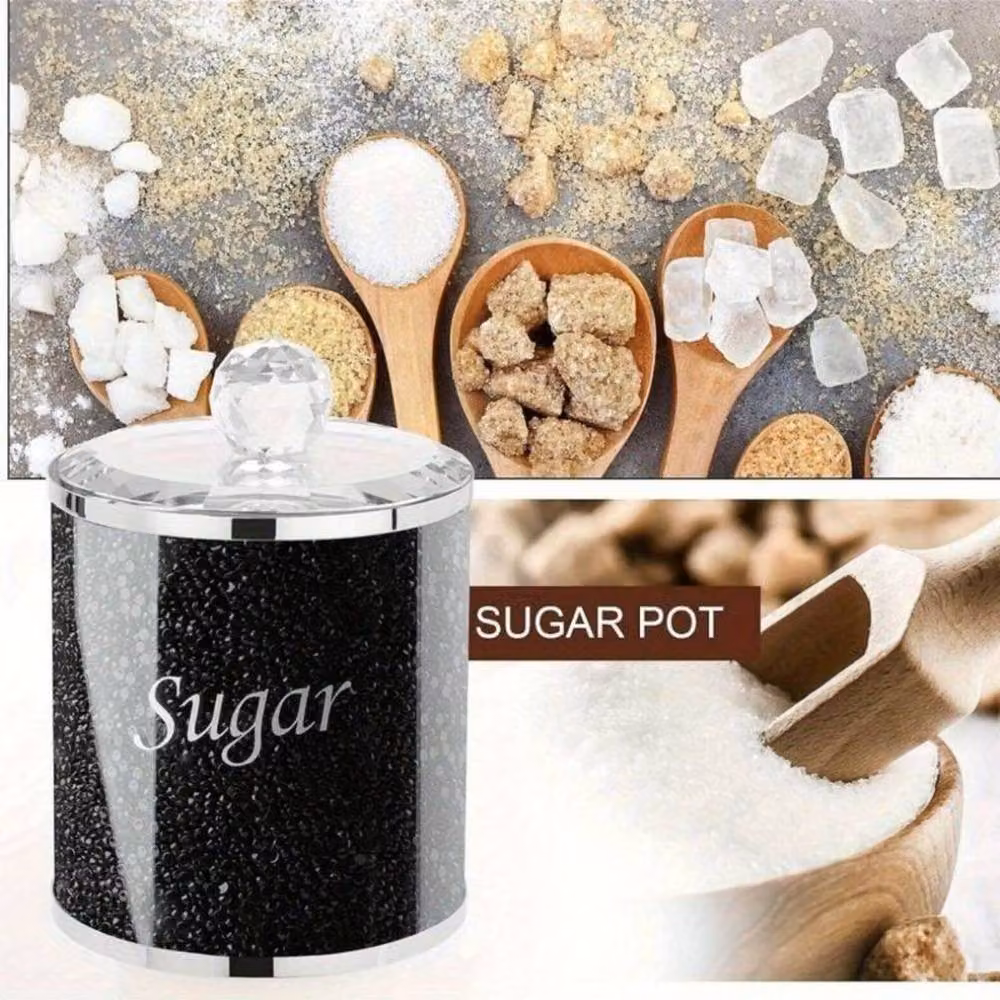 Smartbies Luxury Crystal Tea, Coffee and Sugar Canister Set in Black and Silver with Airtight Glass Lids – 6