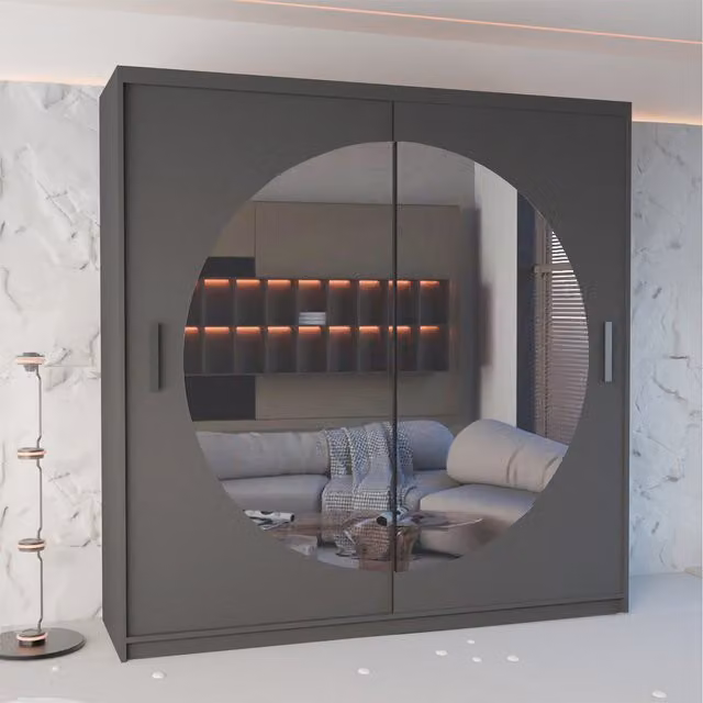 Sliding Wardrobes 4 u Modern Double Door Sliding Wardrobe with Mirror and Internal Shelving, Grey, Width: 150 cm