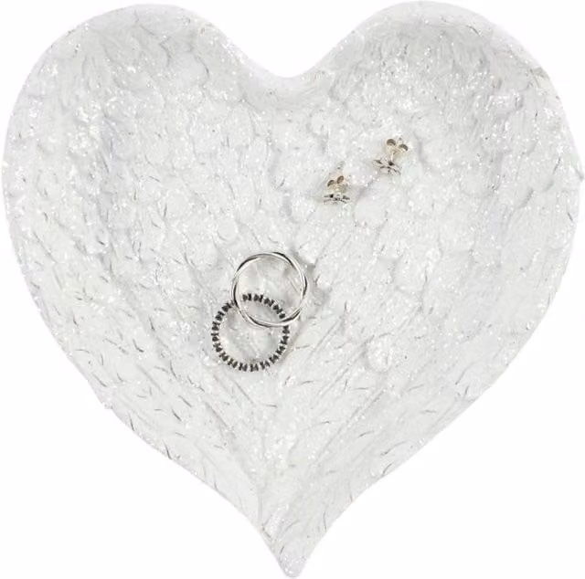 Something Different Angel Wings with Heart Glitter Trinket Dish in White and Silver