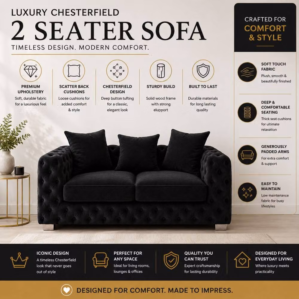 Stratus Interiors Ashley Chesterfield 2 Seater Scatter Back Upholstered Velvet Sofa in Black (W: 177.8 cm, H: 76.0 cm, D: 67.0 cm) – 3