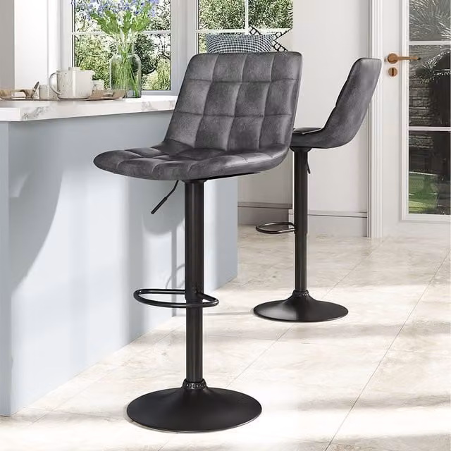 Komore Set of 2 Modern Upholstered Swivel Bar Stools in Black, Grey and Multicolour Synthetic Leather with Metal Base