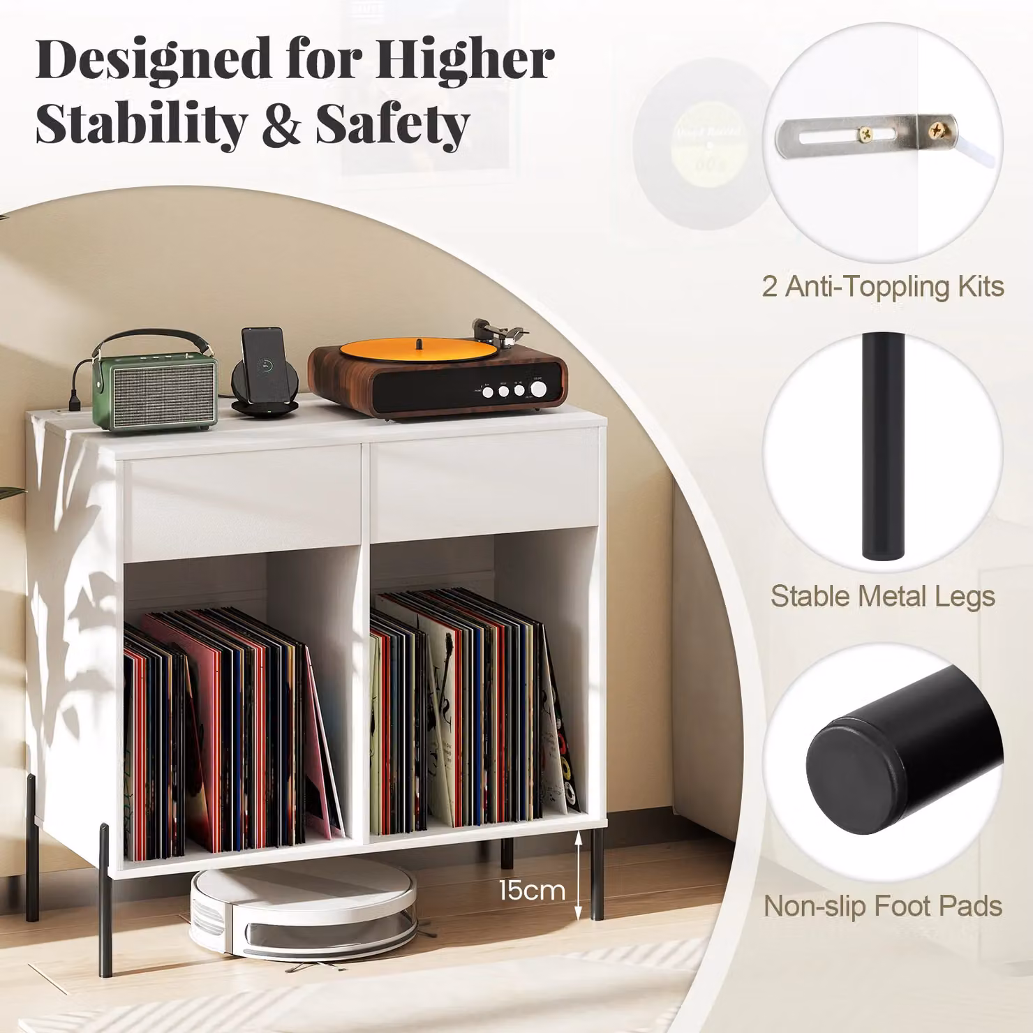 Costway Double Wide Record Player Stand with Power Outlets and Media Compartments in White – 2