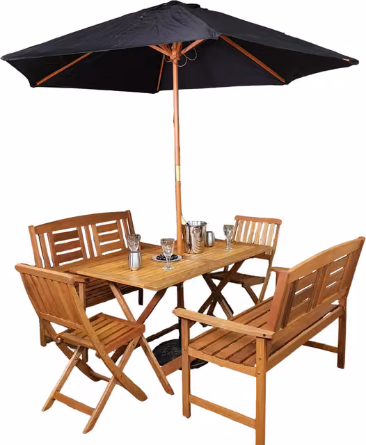 Samuel Alexander 6 Person Folding Rectangular Wooden Patio Dining Table with Bench in Brown and Black