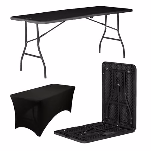 Harbour Housewares Black Folding Picnic Table with Fitted Tablecloth, W: 180 cm, D: 70 cm, H: 73.5 cm – 1