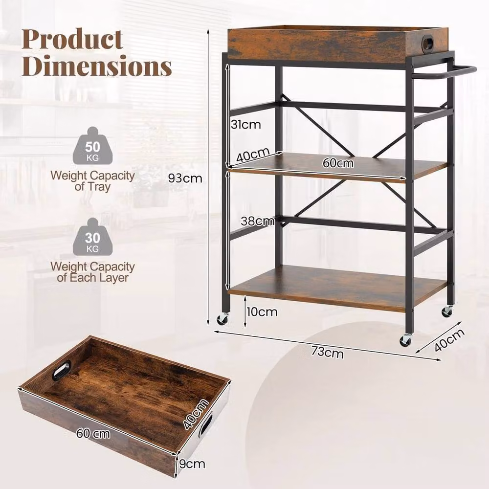 VOGREX Industrial 3-Tier Metal Bar Cart Serving Trolley in Brown with Lockable Casters – 2