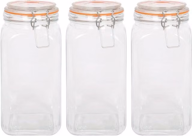 Argon Tableware Square Glass Jar with Clip-Top Lid, Transparent/White, 1.7 l, Pack of 3