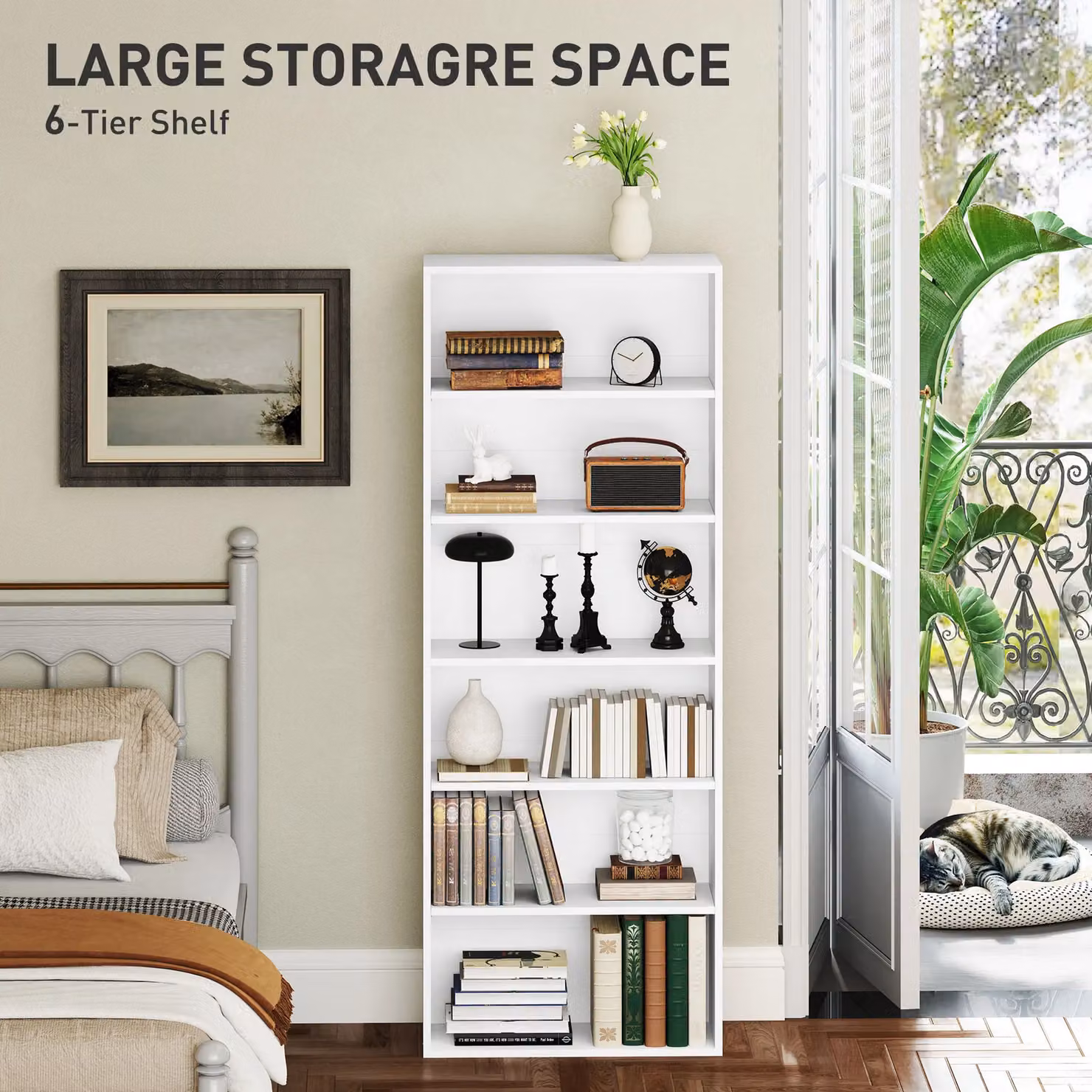 HOMCOM 6 Tier Freestanding White Bookshelf with Adjustable Shelves – 3