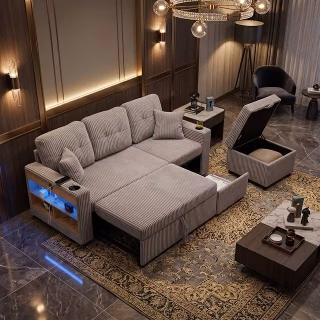 FENCHILIN 3 Seater Pull-out Sofa Bed with Hidden Storage, LED Lighting and USB Charging in Light Grey