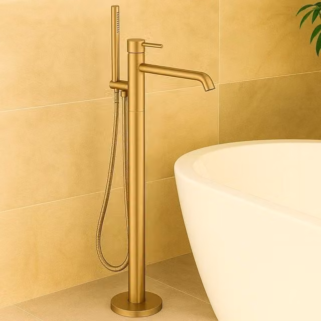 Bathroom Kingdom Redondo Brushed Brass Round Freestanding Bath Tap with Shower Mixer in Gold