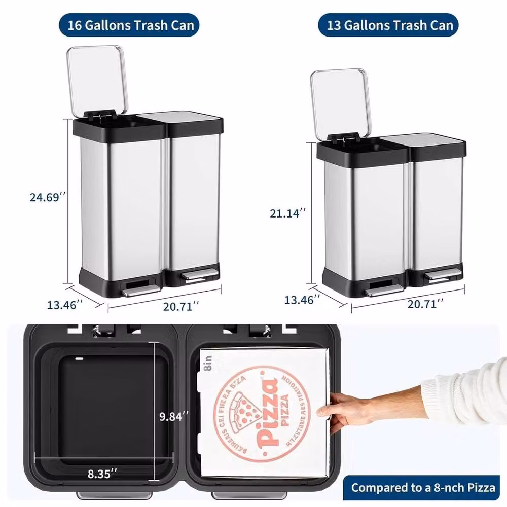 Ventryn 60L Dual Step Stainless Steel Kitchen Trash Can with Soft Close and Fingerprint Proof Finish in Silver – 2