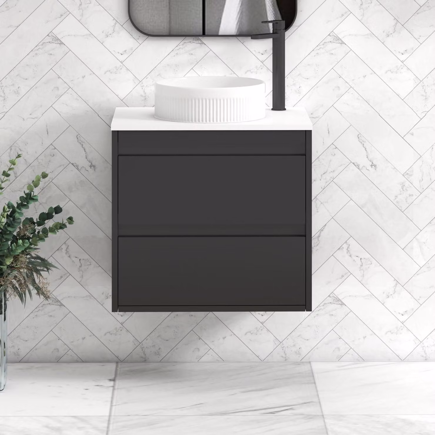 Royal Bathrooms Orion 600mm Wall Hung Vanity Unit in Matt Obsidian Black with White Countertop, 2 Drawers and Round Basin