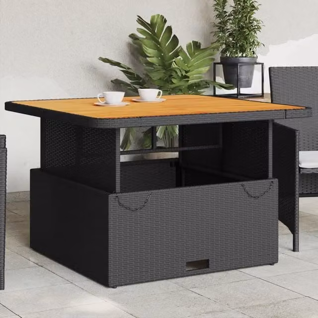 Berkfield Home Black Poly Rattan and Acacia Wood Garden Table W/D/H: 110 x 110 x 71 cm – 1