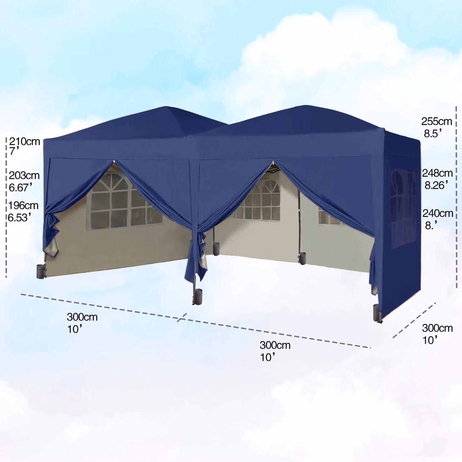 MCC Direct Blue Pop Up Gazebo with Removable Sides, Windows and Storage Bag, W: 300 cm, D: 300 cm, H: 255 cm – 5