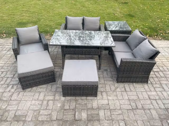 Fimous Outdoor Garden Dining Set in Dark Grey Mixed PE Rattan with Double Seat Sofa, Dining Table, Side Table and Two Footstools