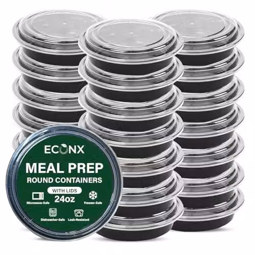 ECONX 50 Pack Reusable Black Round Plastic Meal Prep Containers with Airtight Lids, 24oz Each, BPA Free
