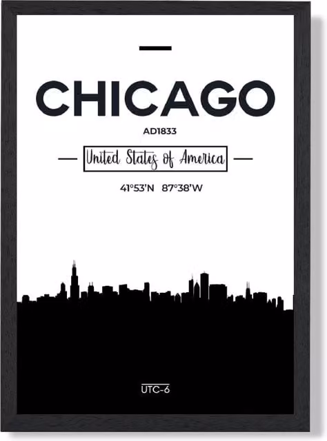 ARTZE Chicago City Skyline Framed Print in Black and White, A2