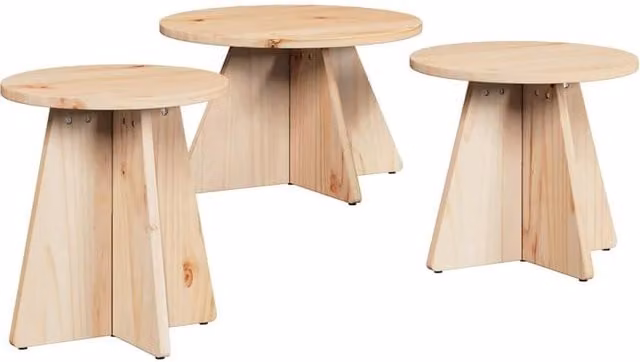 Berkfield Home 3-Piece Nested Round Coffee Table Set in Natural Solid Pine Wood